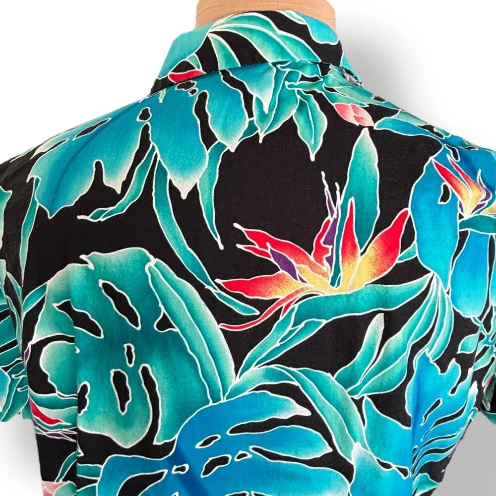 Vintage 90s Hilo Hattie Hawaiian Shirt Black Teal Monstera Floral Pattern Large - Image 5