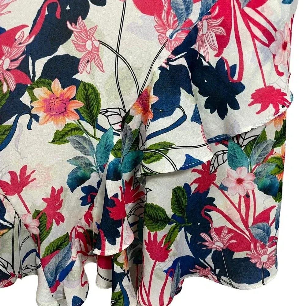 Parker Floral Fiesta Ruffled Formal Mini Dress in White/Pink/Blue Size M - Image 5