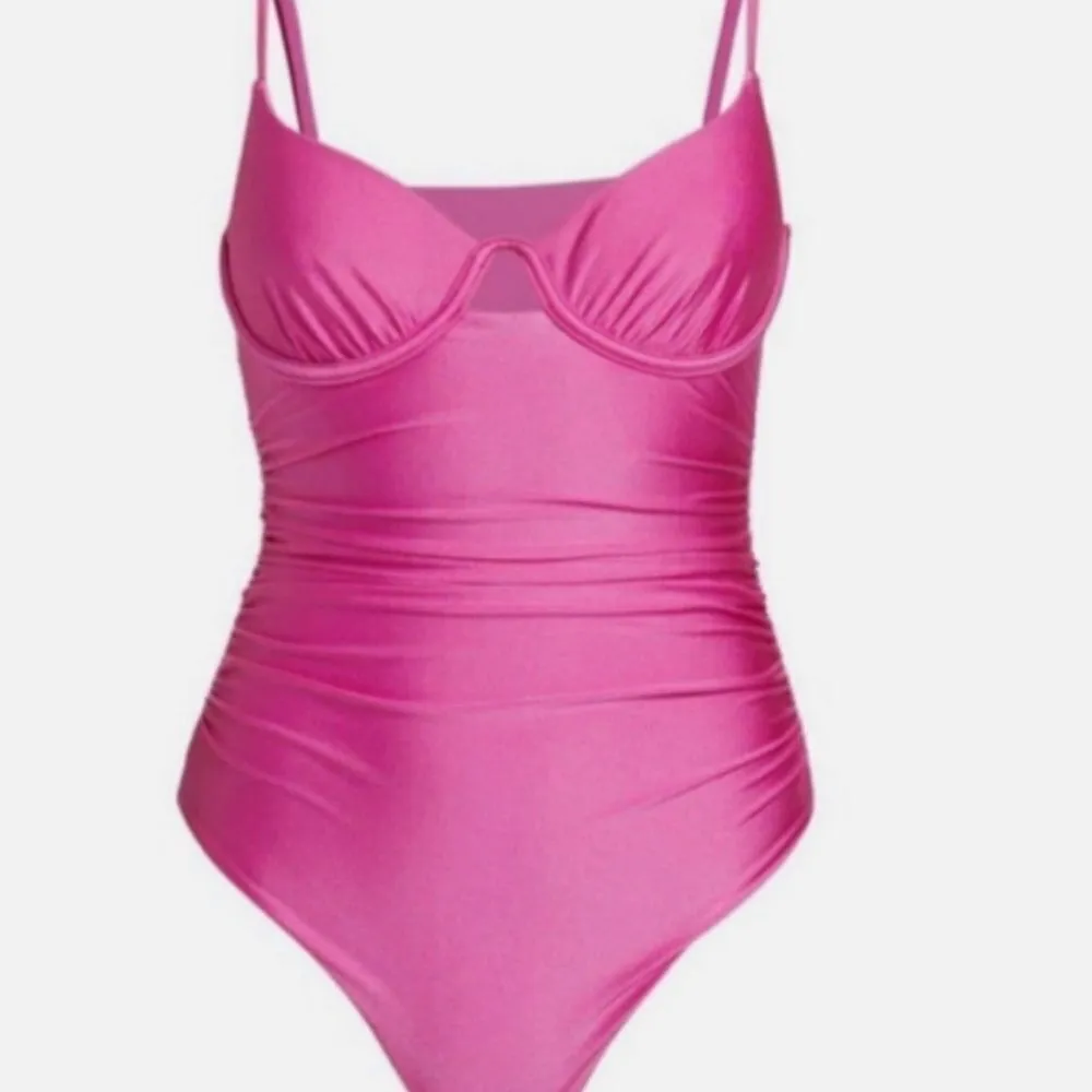JONATHAN SIMKHAI Satin Ruched Cup Underwire Dragon Fruit Swimsuit - Image 5