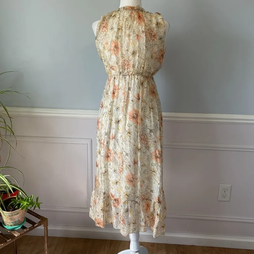 Le Ragazze Silk Floral Midi Dress Sleeveless Ruffles Tiered Formal Size Medium White - Image 9