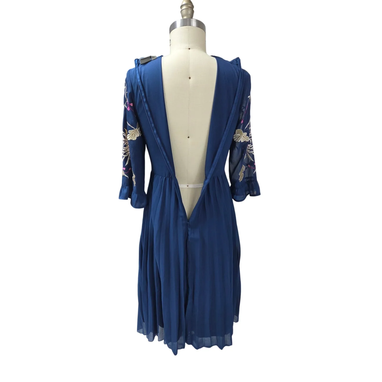 ASOS Navy Embroidered Pleated Midi Dress Sz 12 - Image 7