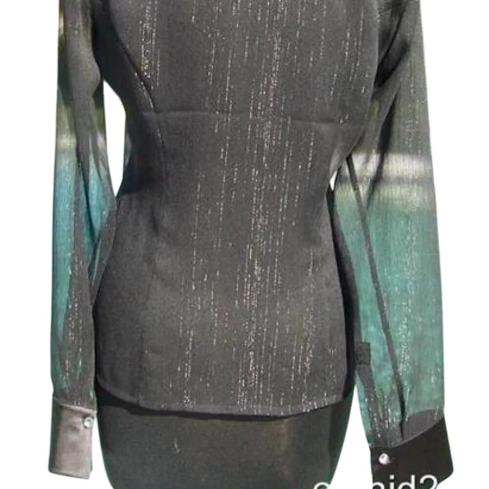 Cache Luxe Black Sheer Illusion Silver Metallic Thread Top New Satin $178 NWT - Image 7