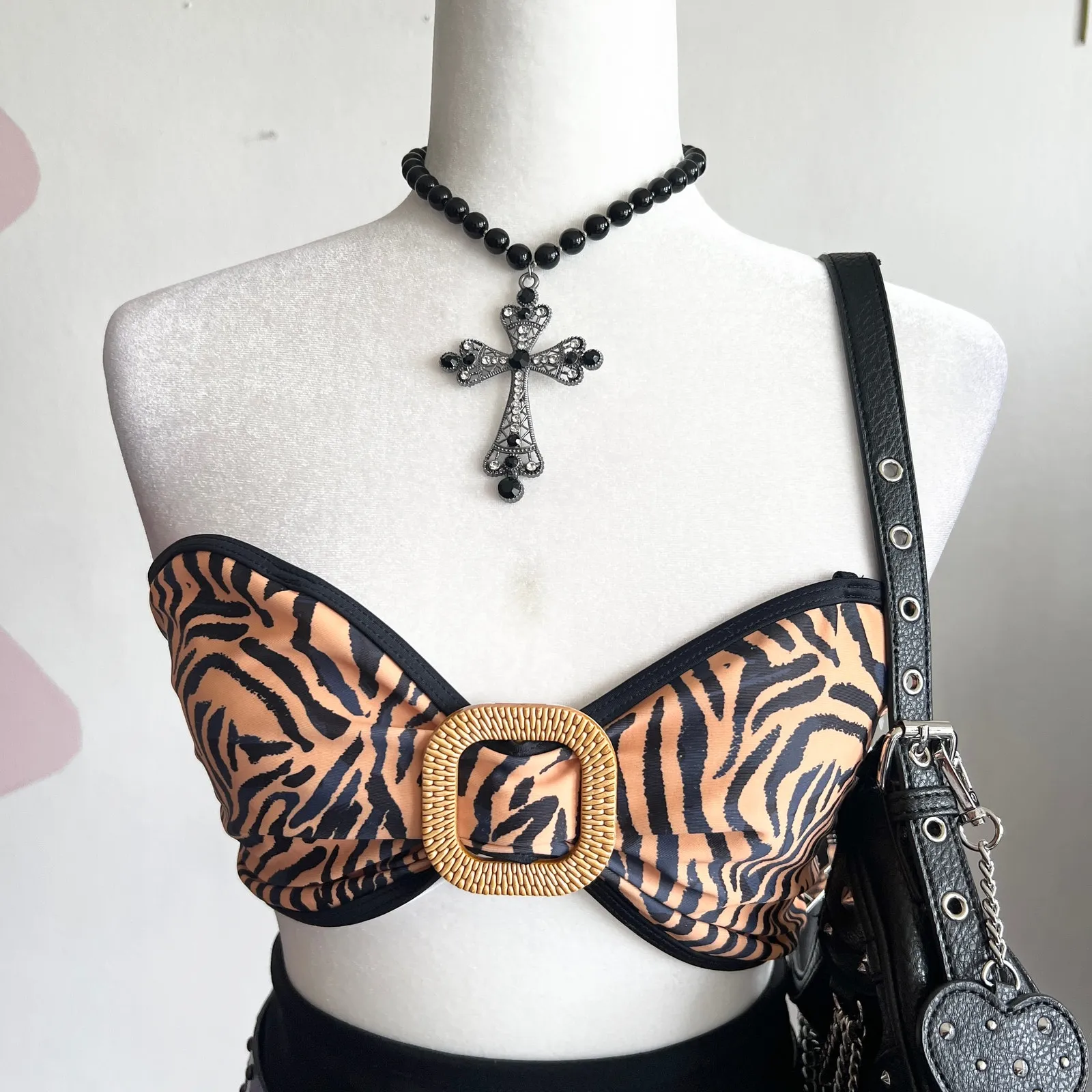 Y2K Brown Buckle Swim‎ Top, 2000s, Bimbo, Retro, Beach, Vintage, Small, Festival - Image 2