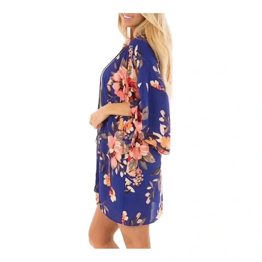 PINKMILLY Floral Print Sheer Chiffon Kimono Cardigan | Small |‎ EUC Blue - Image 8