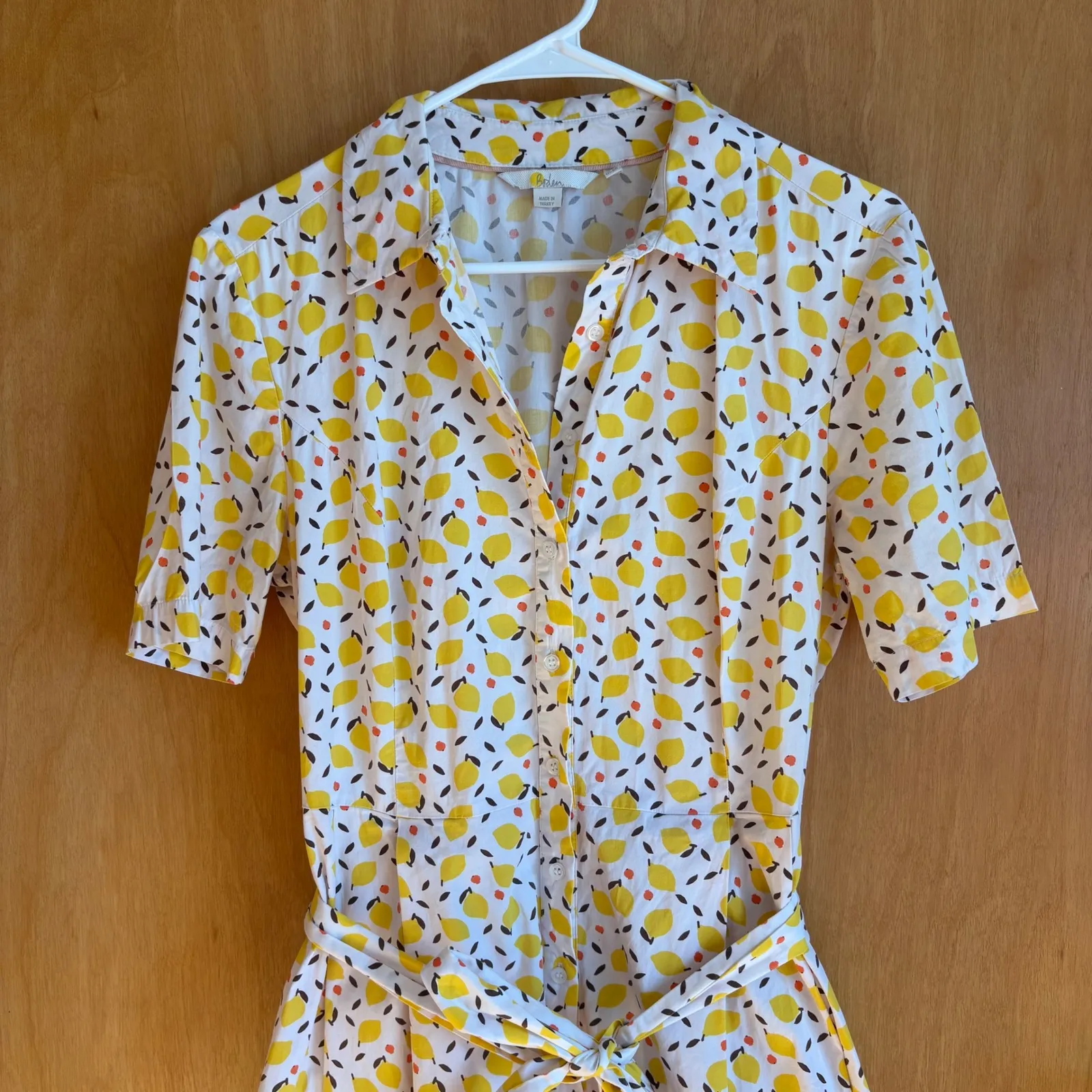 Boden Lemon Print Shirt Dress Belted Midi Knee Length US 8R Yellow Size 8 - Image 5