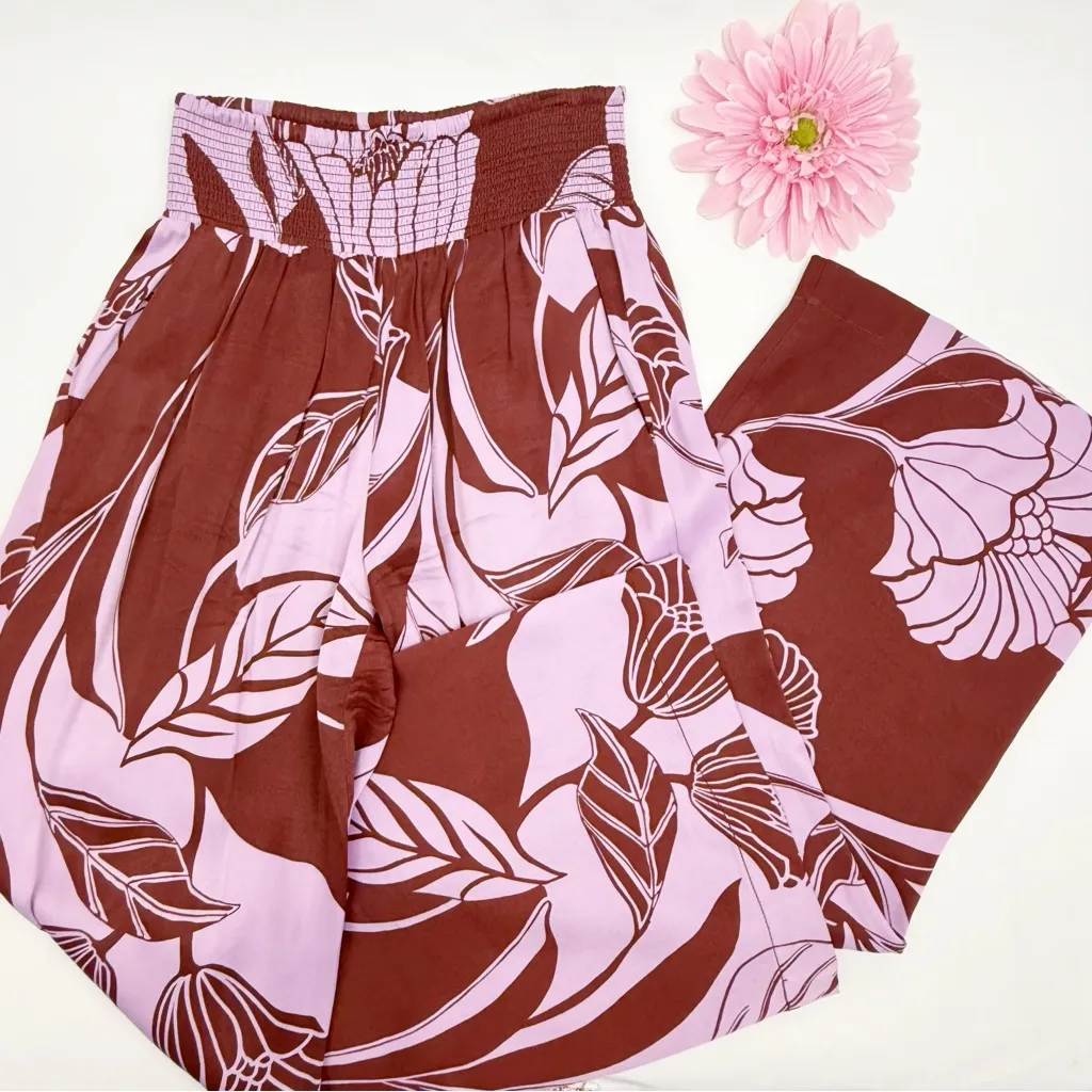 Maeve X Anthropologie Saria Smocked Wide Leg Pants Lilac Floral Tropical - Image 5