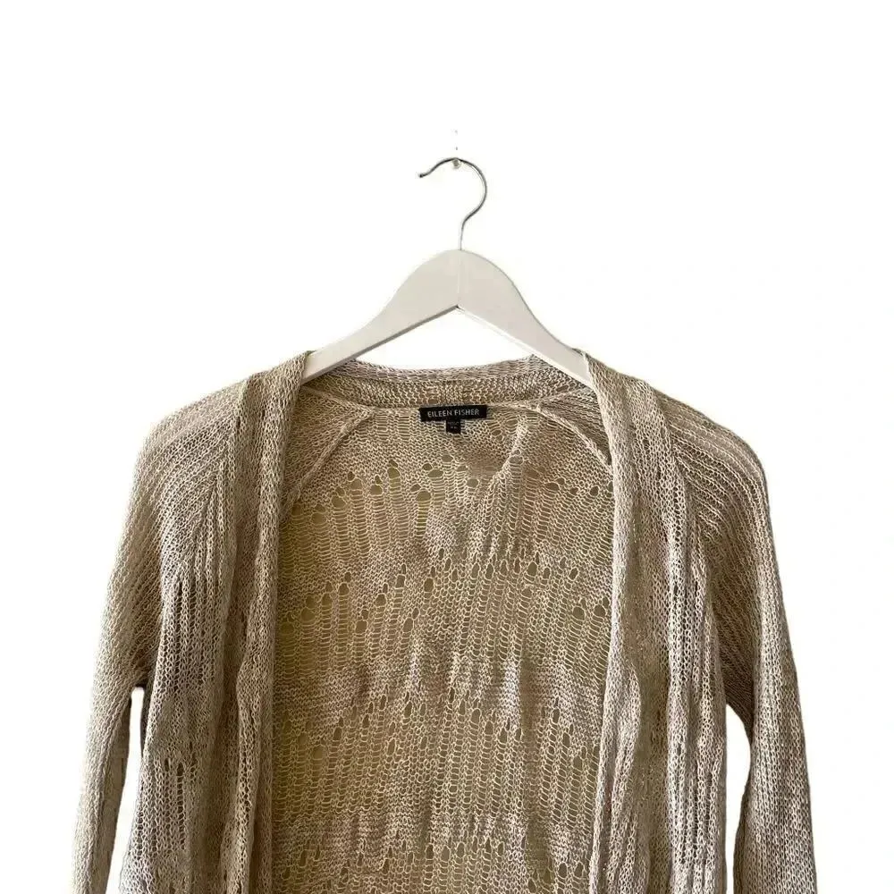 Eileen Fisher Linen Beige Embroidered Knitted Open Cardigan Sweater SZ XS - Image 2