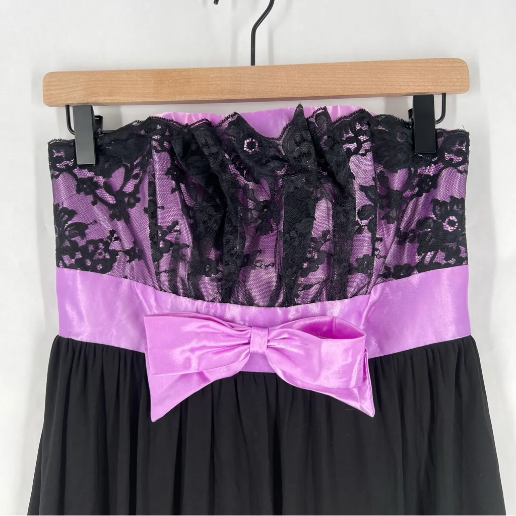 Jessica McClintock Gunne Sax Black Purple Lace‎ Satin Bow Bubble Hem Mini Dress - Image 2