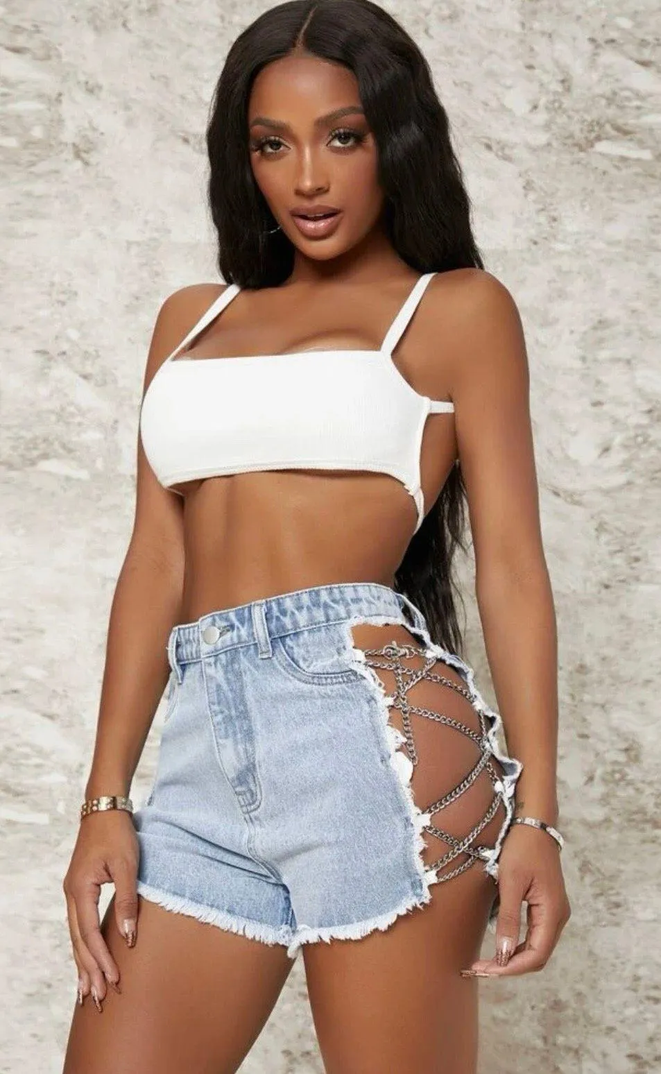 SXY High Waist Chain Lace Up Side Raw Trim Denim Shorts…Sz: 29…NWT - Image 5