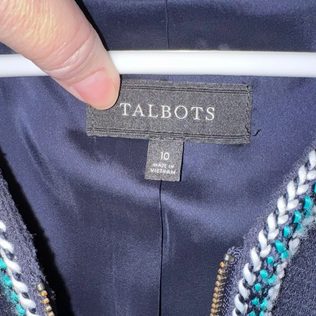 Talbots Braided Trim Zip Jacket Blazer Pockets Navy Green White Size 10 - Image 8