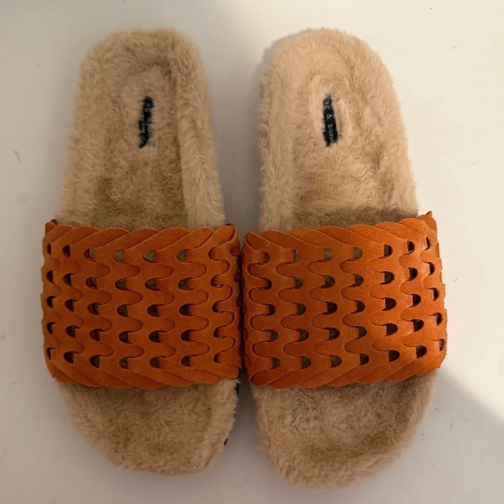 Rag & Bone Bailey Sunset Orange Suede Faux-Shearling Lined Slide Sandal Size 38 - Image 3