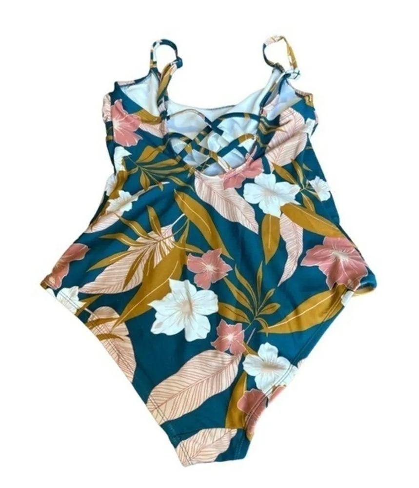 Kona Sol Tropical Teal Pink Floral Crossback Swimsuit Size Med EUC #1387 - Image 2