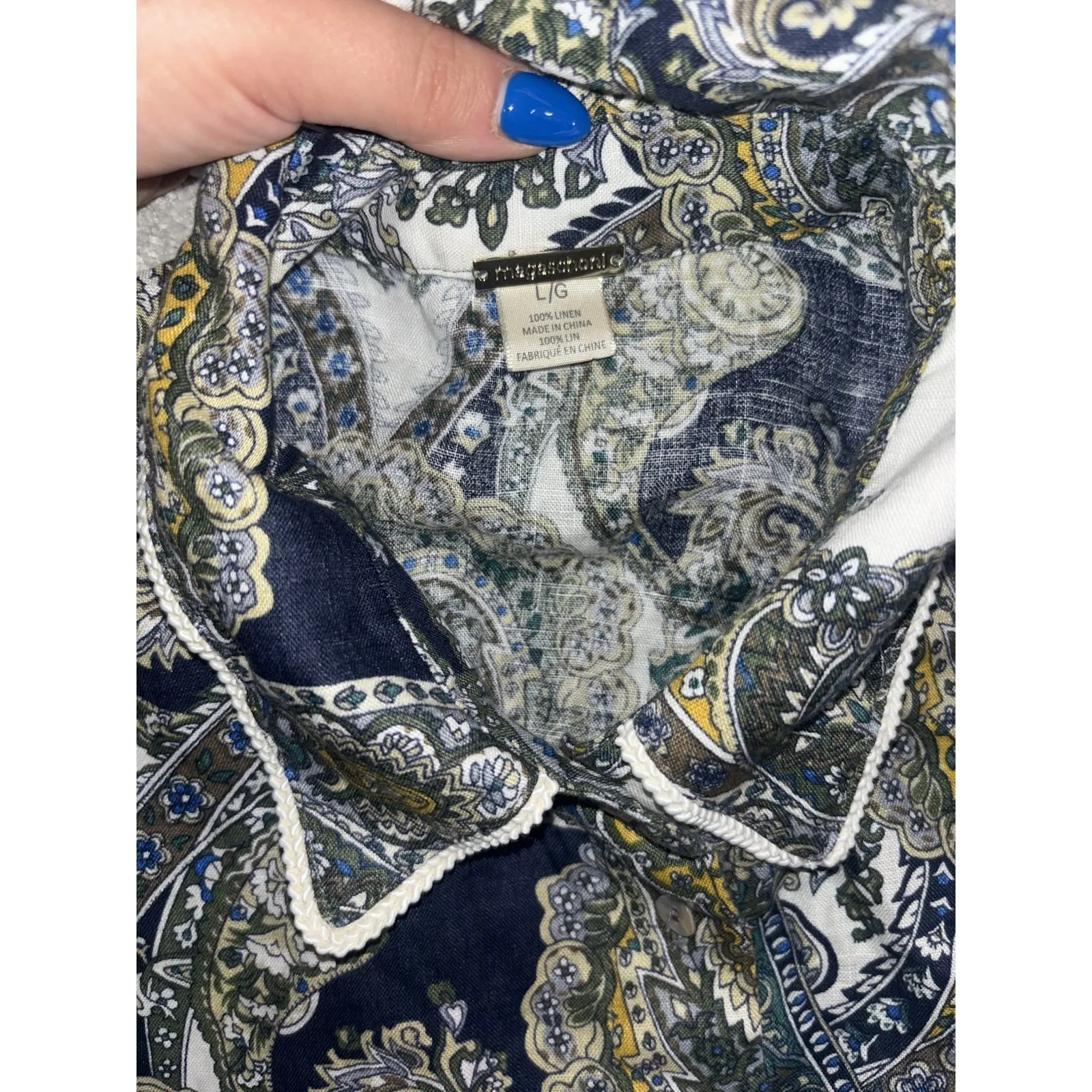 Magaschoni  Linen Floral Button Up Size‎ Large Button Tie Front - Image 4