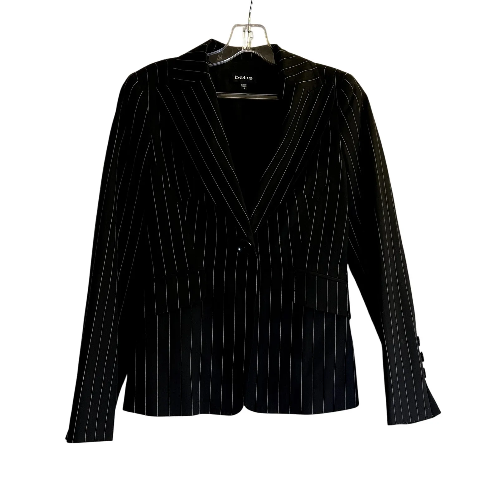 Bebe suit jacket blazer size 4 black striped classic cotton one button - Image 4