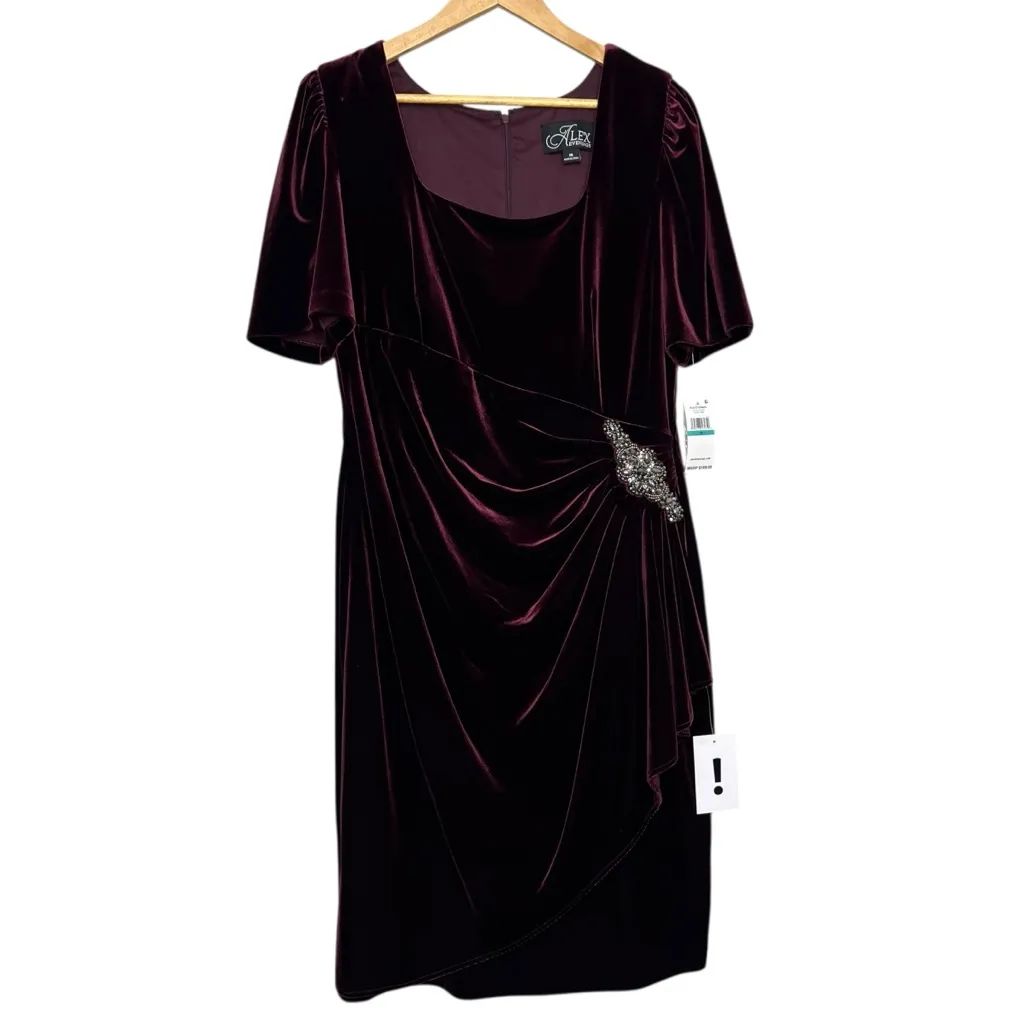 Alex Evenings Velvet Women’s Dress Size 16 Ruched Embellishment Wine NWT - Image 3