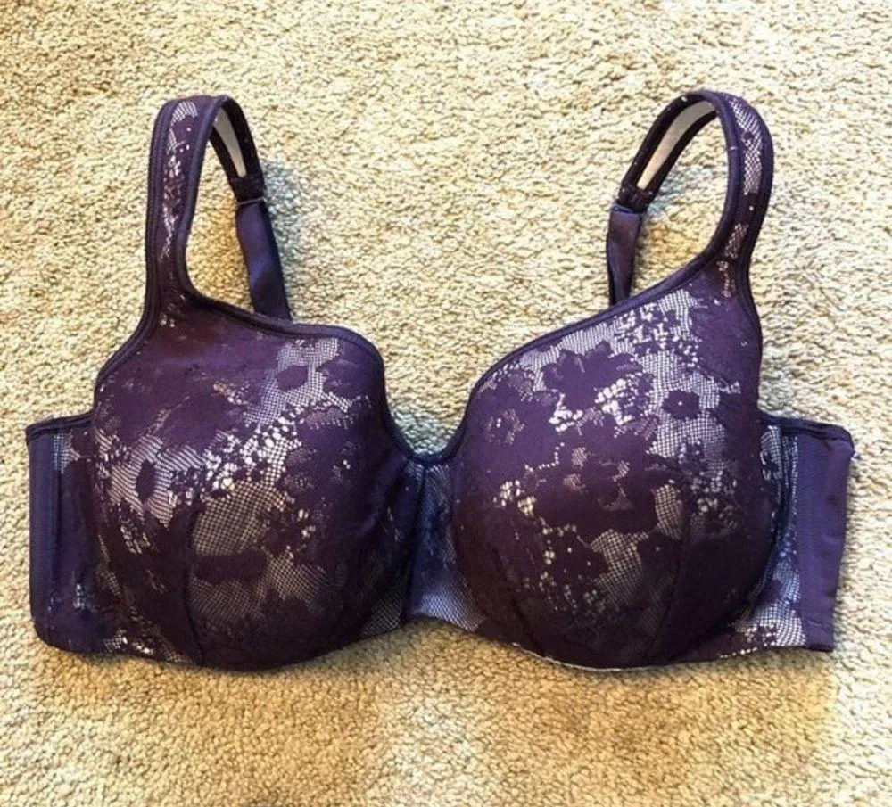 CACIQUE Plus Size Balconette Bra Bold Lace Purple Floral Nude Beige Mesh 42DD - Image 1