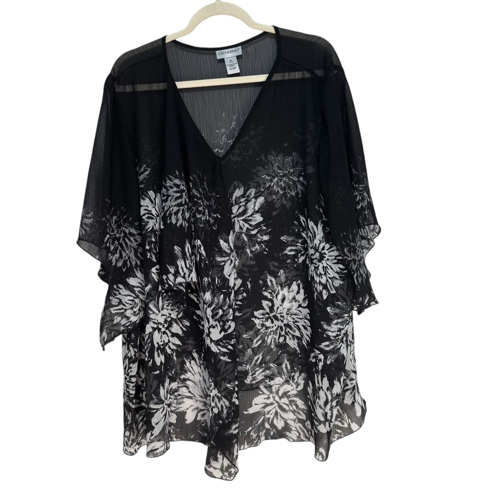 Catherines Black Floral Print Sheer Kimono Top Caftan Swim Cover Up 3X - Image 6