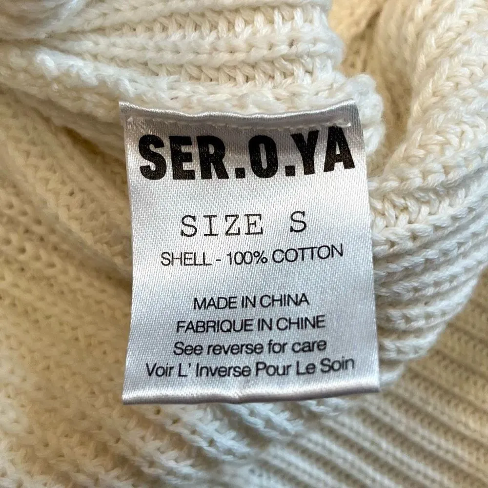 Ser.O.Ya Cream Devin Oversized Distressed Sweater Front Pocket Small White - Image 11