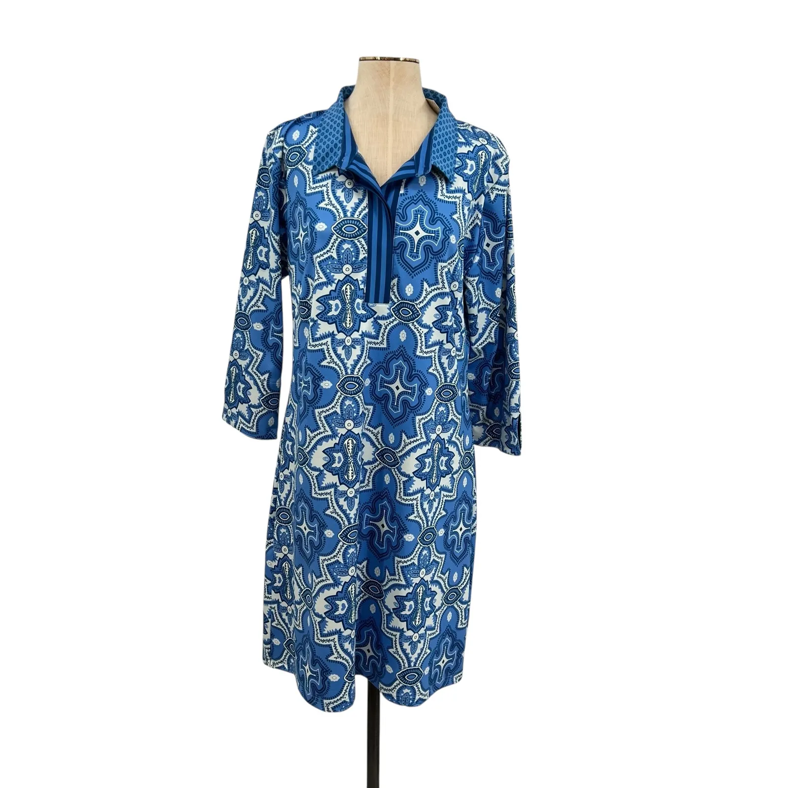 Gretchen Scott Everywhere Jersey 3/4 Sleeve Goddess Dress Print Blue Size XL - Image 2