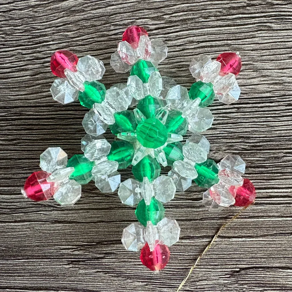 Vintage Handmade Beaded Festive Red and Green Snowflake Christmas Ornament - Image 4