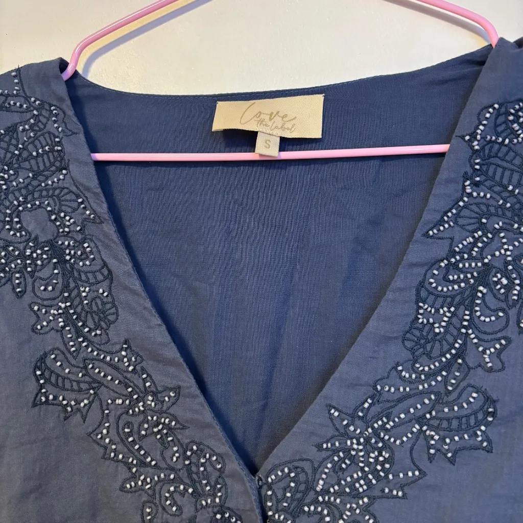 Love The Label Deep V Neck Boho Beaded Embroidered Wrap Mini Dress Blue Womens S - Image 3