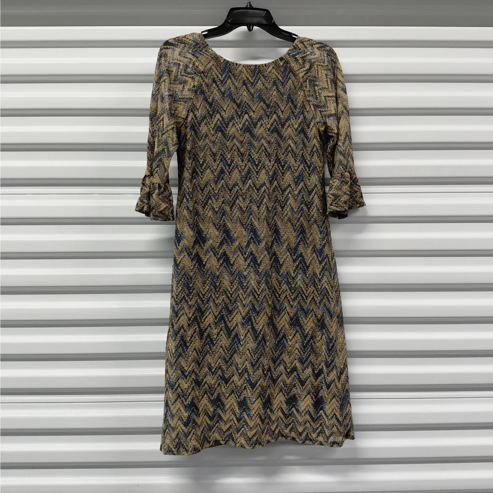 Chris McLaughlin Womens Metallic Chevron Boho Dress Blue Gold Bell Sleeve Size 8 - Image 2