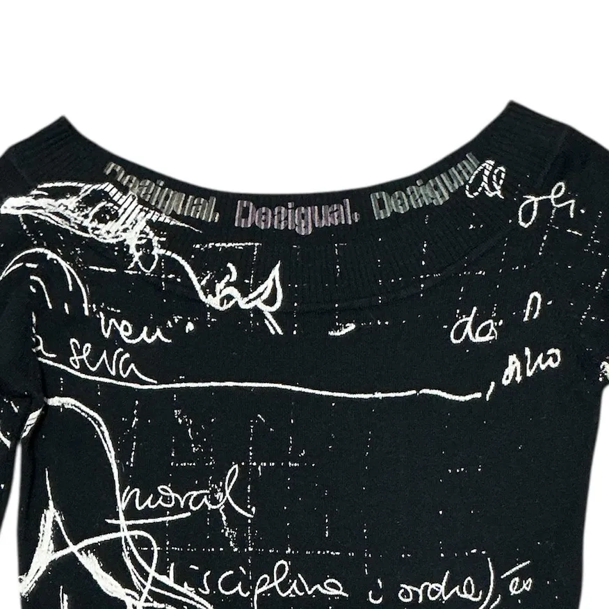 DESIGUAL Vintage Arty Script Boat Neck Sweater S 16.5” p2p Black/White EUC - Image 4