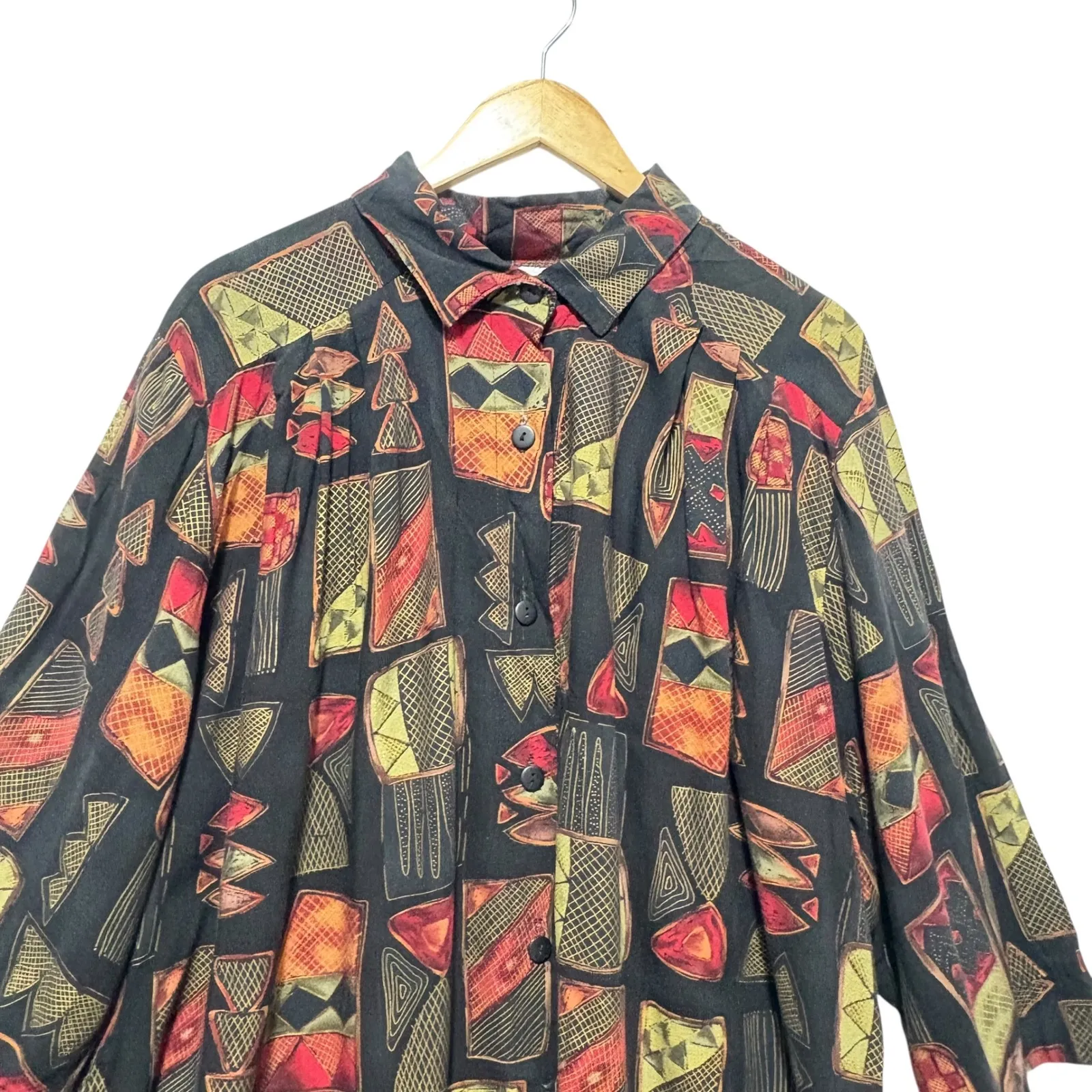Vintage CST Studio Button Shirt 2X Rayon Patchwork Elephant Print Boho Artsy 90s Black - Image 3