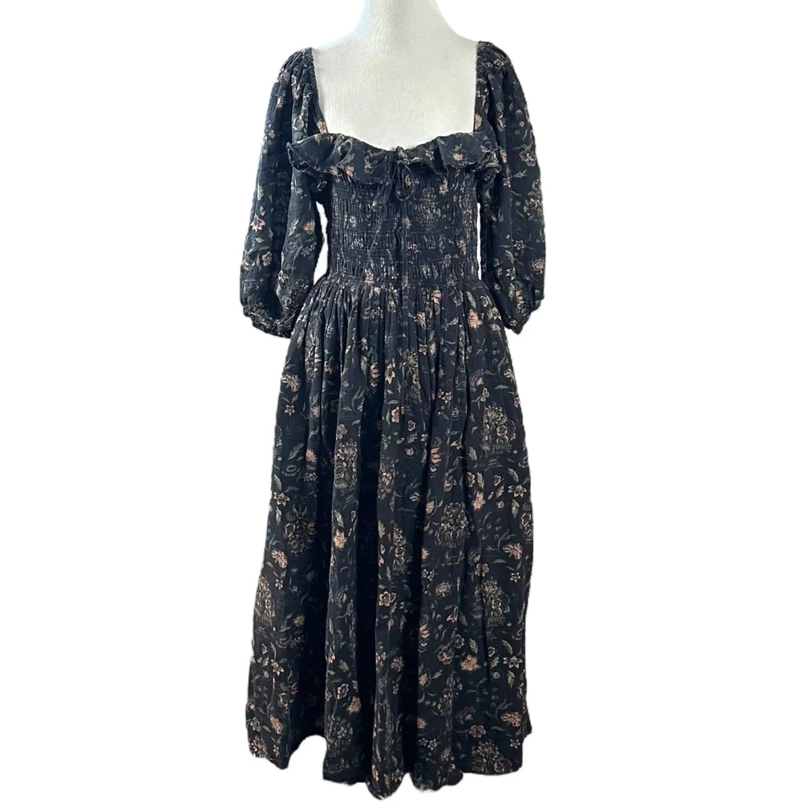 Free People Witchy Oasis Printed Midi Dress Black Floral Bohemian Large - Image 9