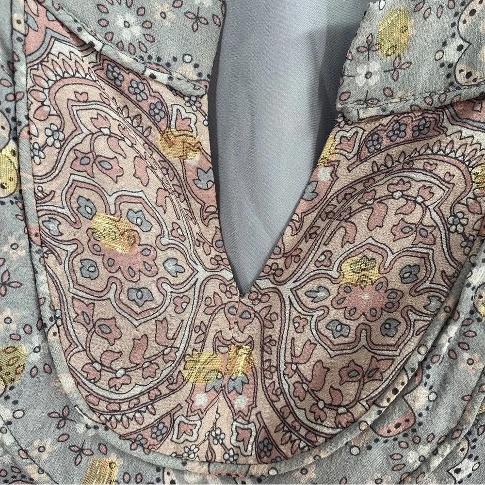 Warehouse Boho Peasant Mini‎ Dress Size 6 Pink Gray Paisley Silk Puff Sleeves - Image 8