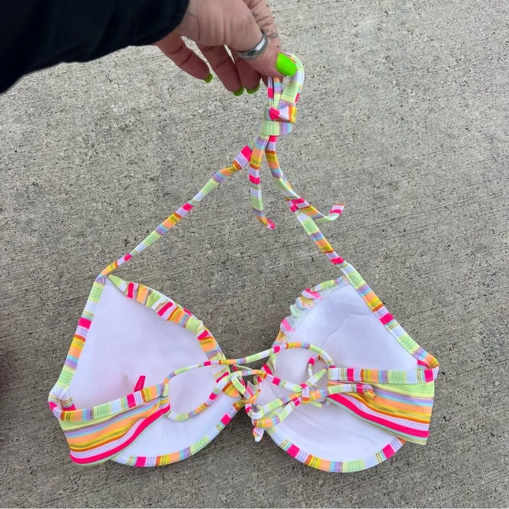 Victoria’s Secret 34DD Neon Sherbet Stripe Ruffle Pushup Halter Bikini Top Swim - Image 2
