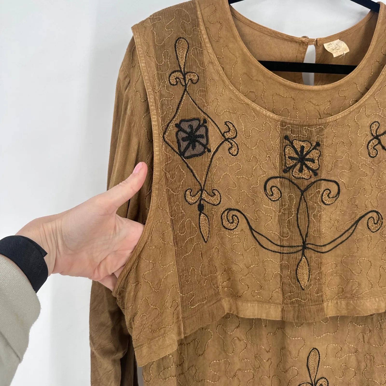 Vintage Boho Embroidered Top Maxi Skirt Brown Earth Tone Folk Cottagecore Size L - Image 4