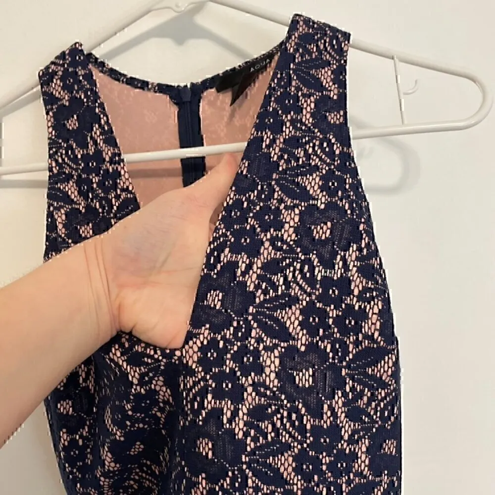 AQUA Navy Blue Lace Light Pink Lining V-Neck Sleeveless Fit Flare Skater Dress - Image 7