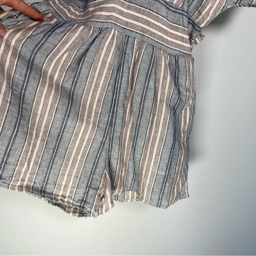 American Eagle Stripe Linen Tie Waist Romper Pockets Cottagecore White Blue Sz S - Image 6