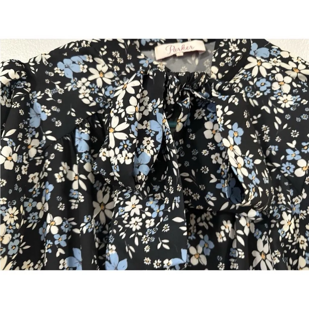 Parker Floral Bow Navy Bell Sleeve Dress Small S - Image 3