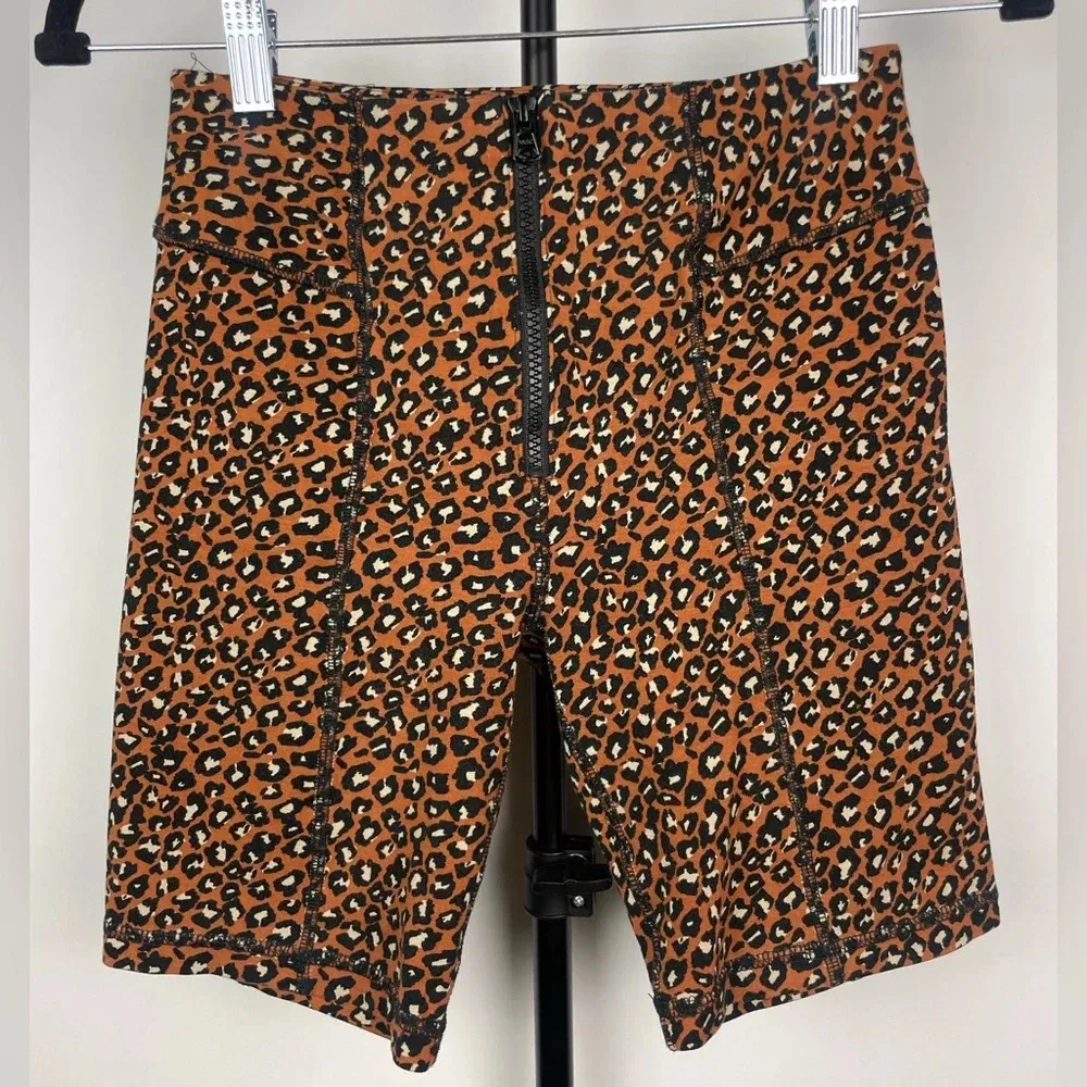 Free People Orange Black Leopard Print Zip Front Biker Shorts - Image 4