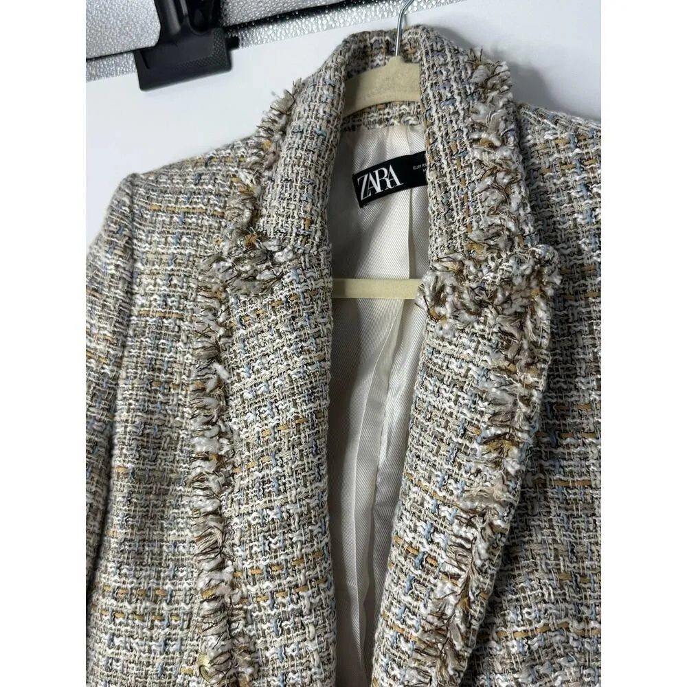Zara Tweed Blazer Women L Beige White Gold Buttons Cropped Clueless Old Money - Image 7