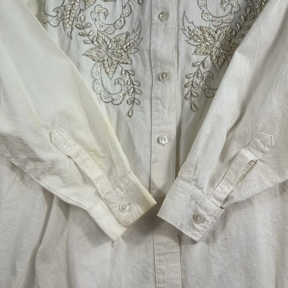 Vtg 90s S Small Shirt Jane Ashley Long Sleeve Button Up Cottagecore Beaded READ - Image 8