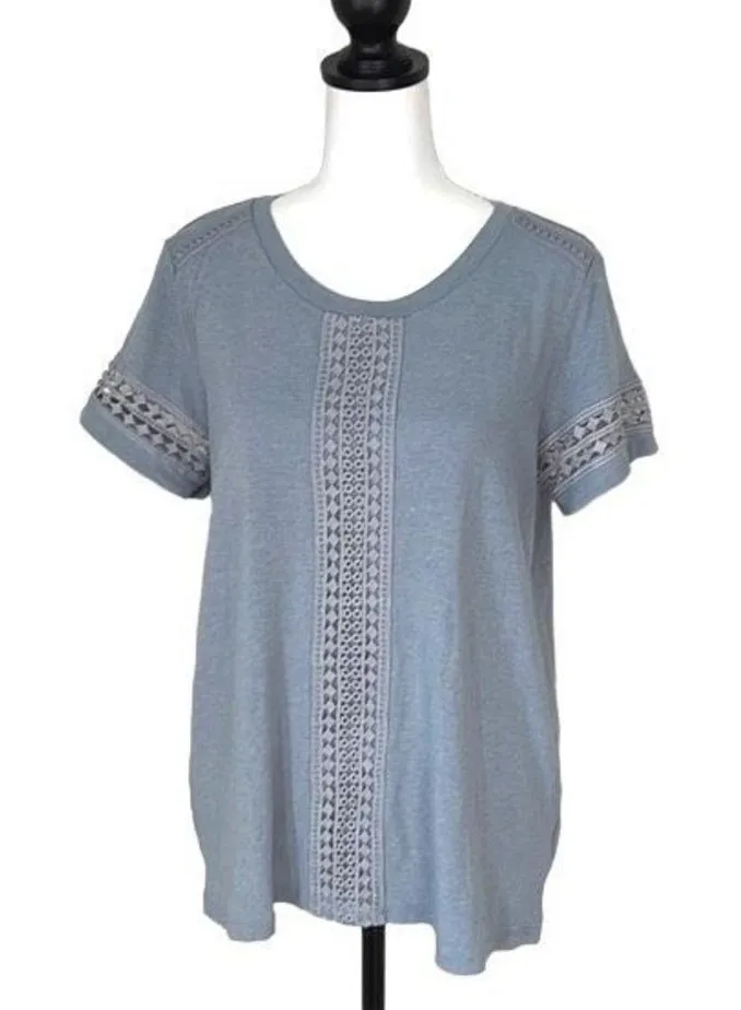 Hem & Thread Womens Embroidered Top Eyelet Short Sleeve Shirt Blue Size Small - Image 1