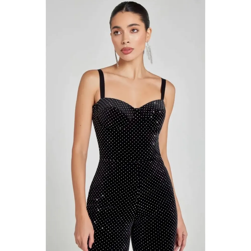 NADINE MERABI Roxanne Crystal Velvet Flare Leg Jumpsuit Black Size XL - Image 3