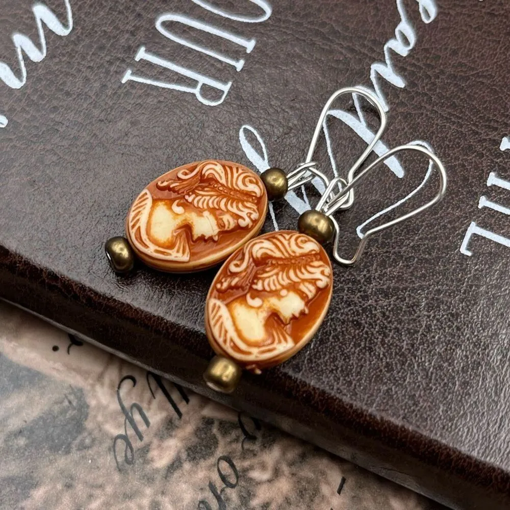 Handcrafted Carved Lady Cameo Stainless Steel Dangle Earrings - Image 3