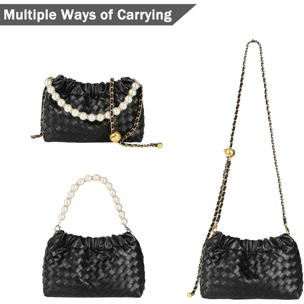⚡ Women's Leather Dumpling Pearl Chain Evening Black Crossbody Clutch Bag - Image 3