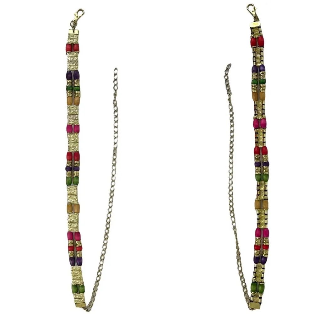 VTG Retro Belt 80s Gold Chain Tiered Wood Rainbow Multicolor Beads Gold Metal - Image 4