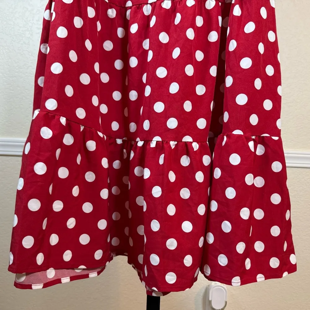 Polka Dot V Neck Babydoll Dress Large Red White Flowy Cottagecore Midi Feminine - Image 3