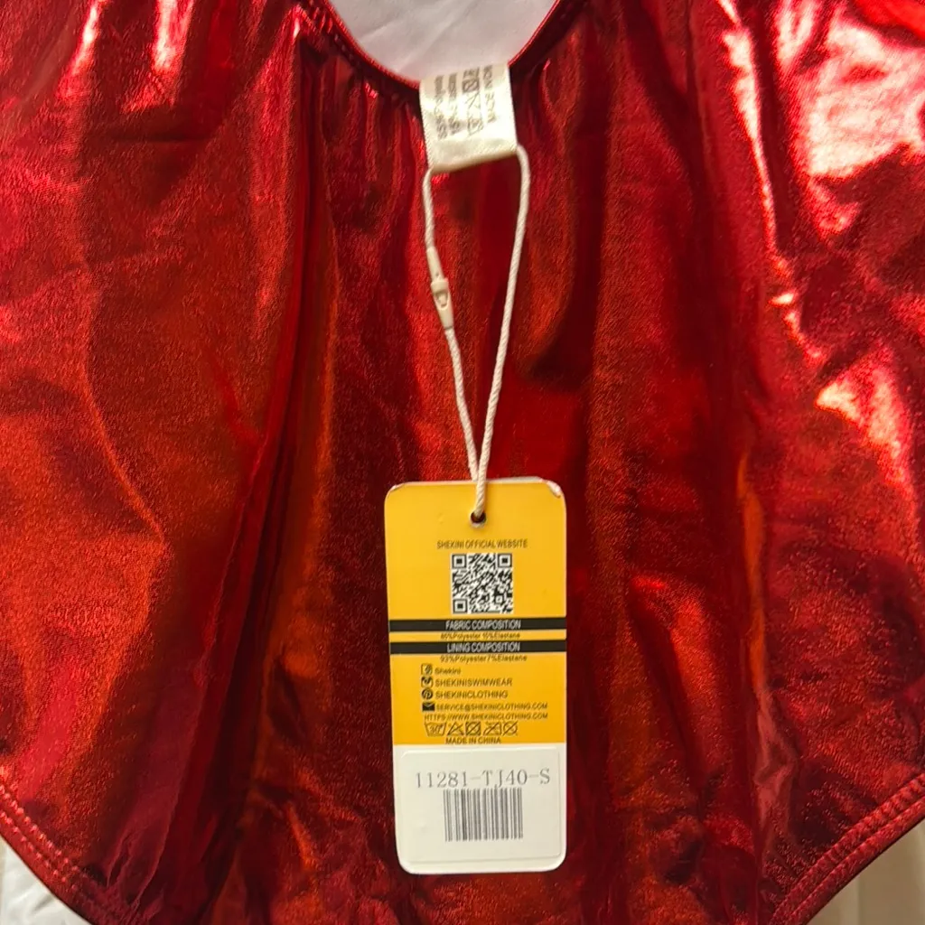 NWT Red Metallic Shiny Scoop Neck Backless One Piece Swimsuit - Image 5