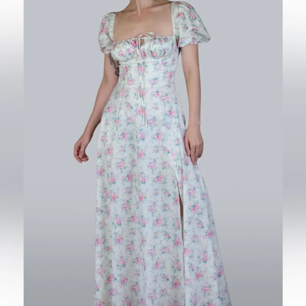Floral Maxi Puff Sleeve Tie Fairy Corset Dress Viral TikTok Cottagecore Western Pink - Image 4