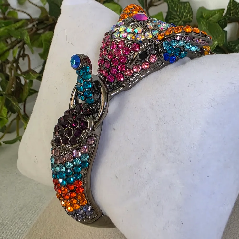 Vintage Crystal Elephant Clamper / Hinge Bracelet Silver - Image 3