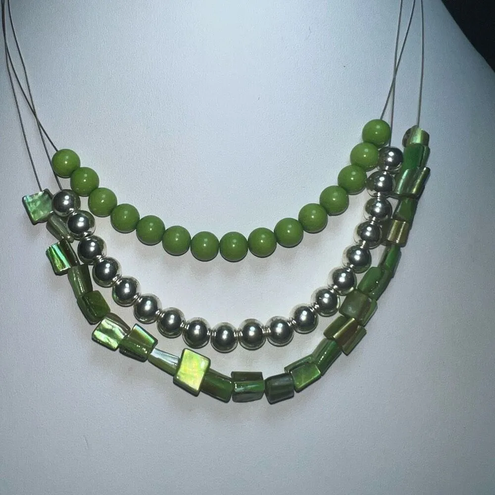 Triple Strand Green Beaded‎ and Shell Bib Statement Necklace - Image 2