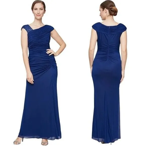 NWT Alex Evenings Size 10 Electric Blue Embellished Cap Sleeve Ruched Gown (b6) - Image 2
