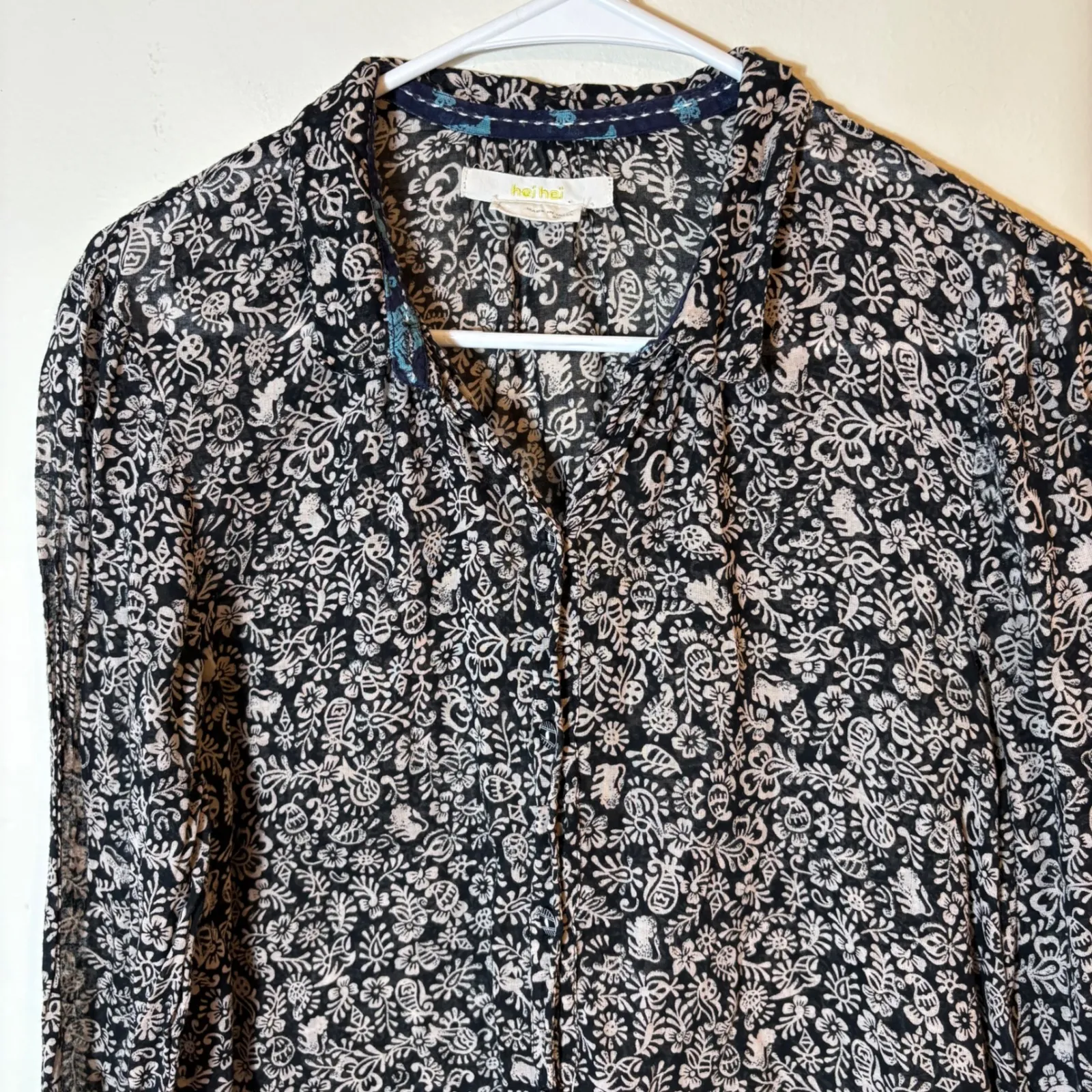 Hei Hei Floral Print Button Down Long‎ Sleeve Blouse Size Small Bohemian Black - Image 2